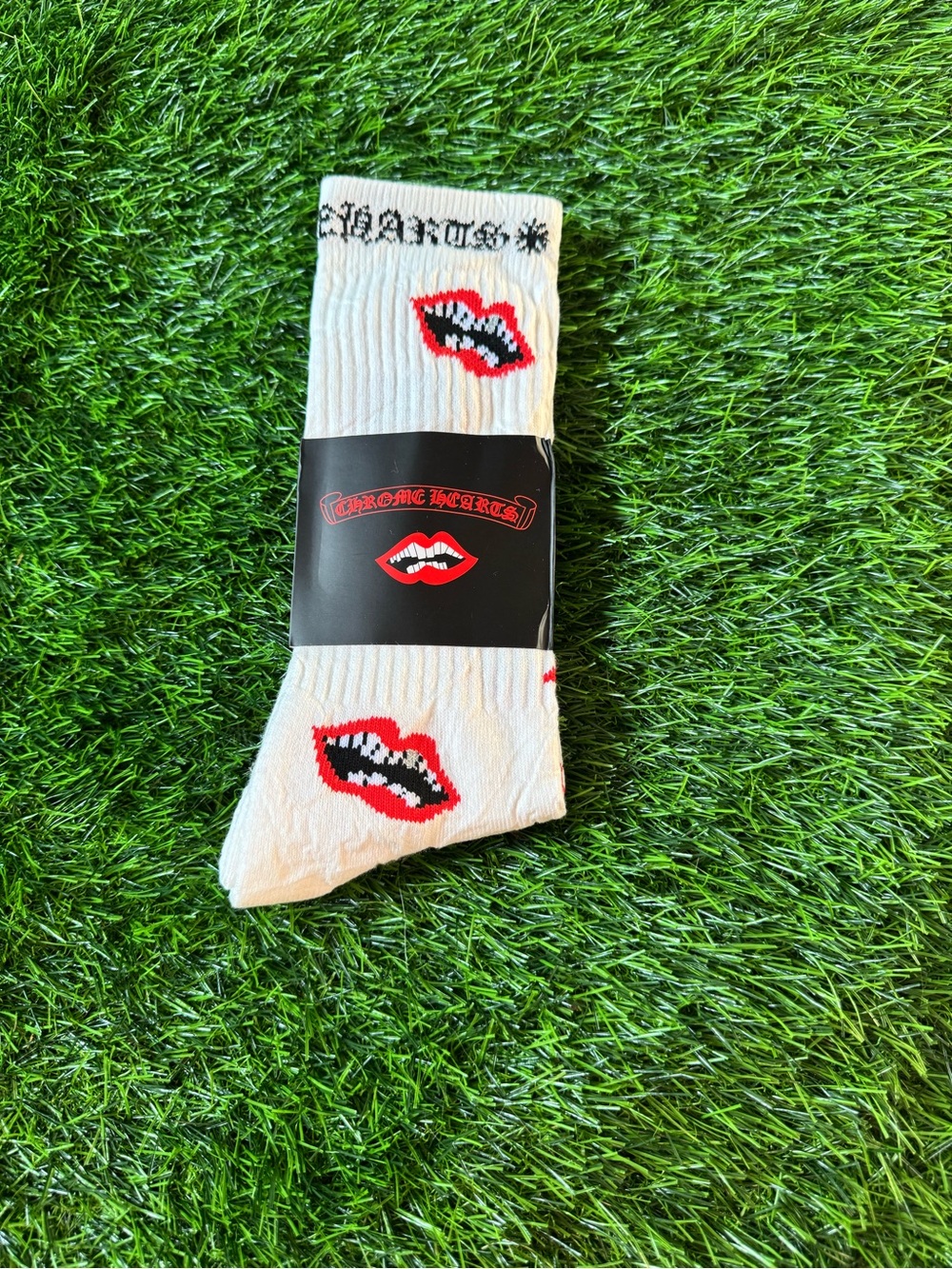 White Crew Socks with Red & Black Lip Graphic